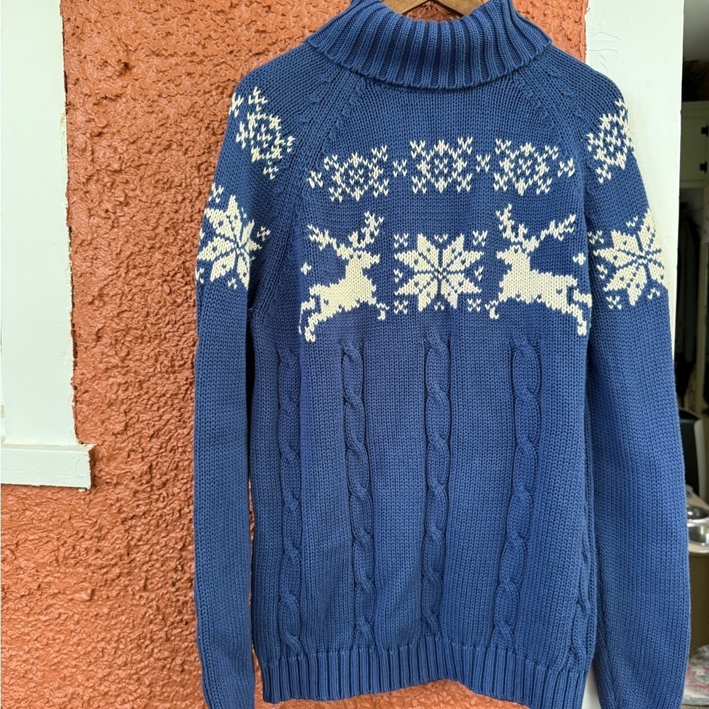 VTG Lands End Sweater Womens Large Reindeer Blue Turtle Neck Pullover Ladies
